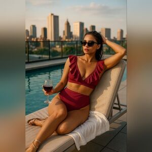 NWT Modern Collective Ruched Ruffle Bikini Set M Wine V-Neck High Waist Swimsuit